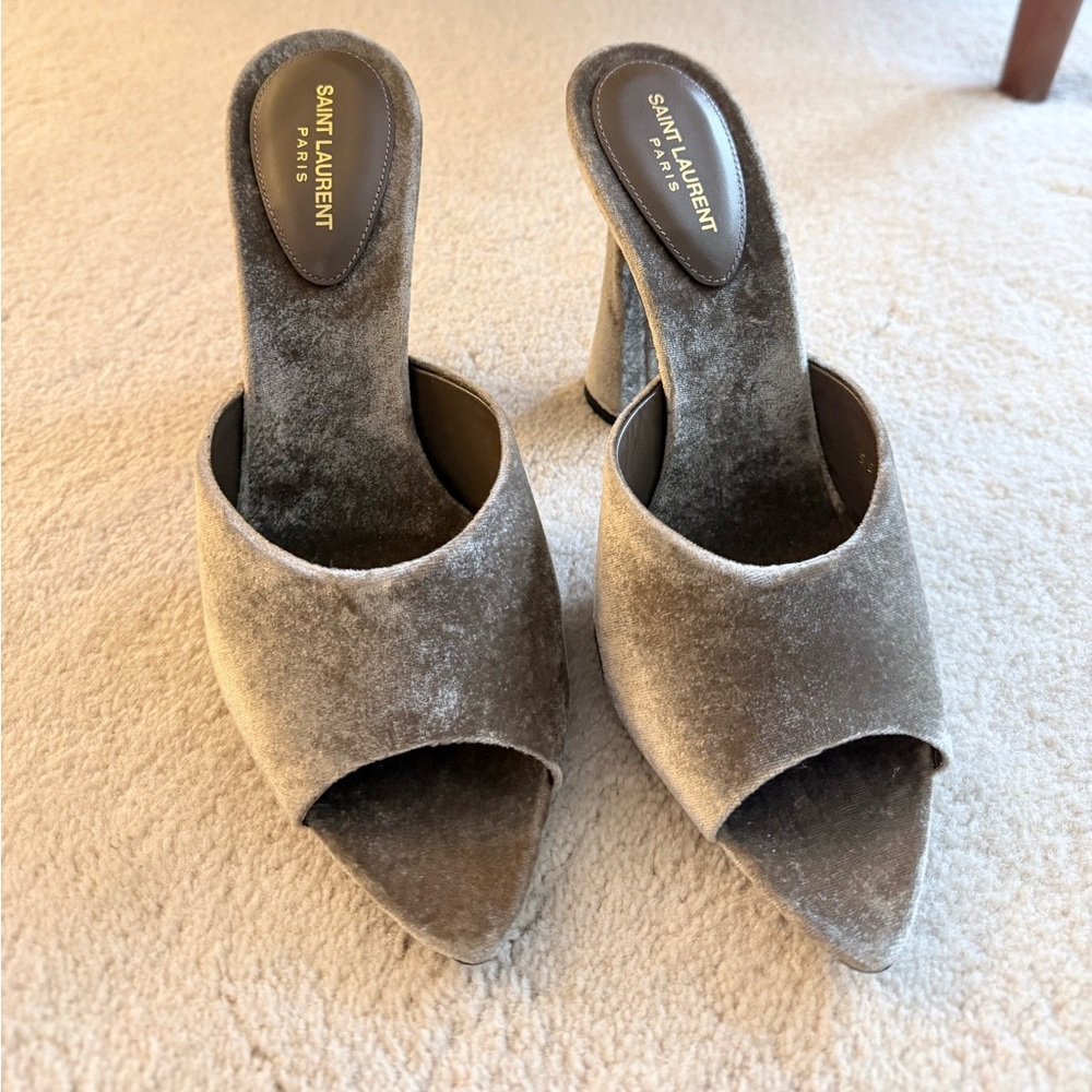 Saint Laurent Women's Velvet Metallic Silver Mules - Picture 2 of 4